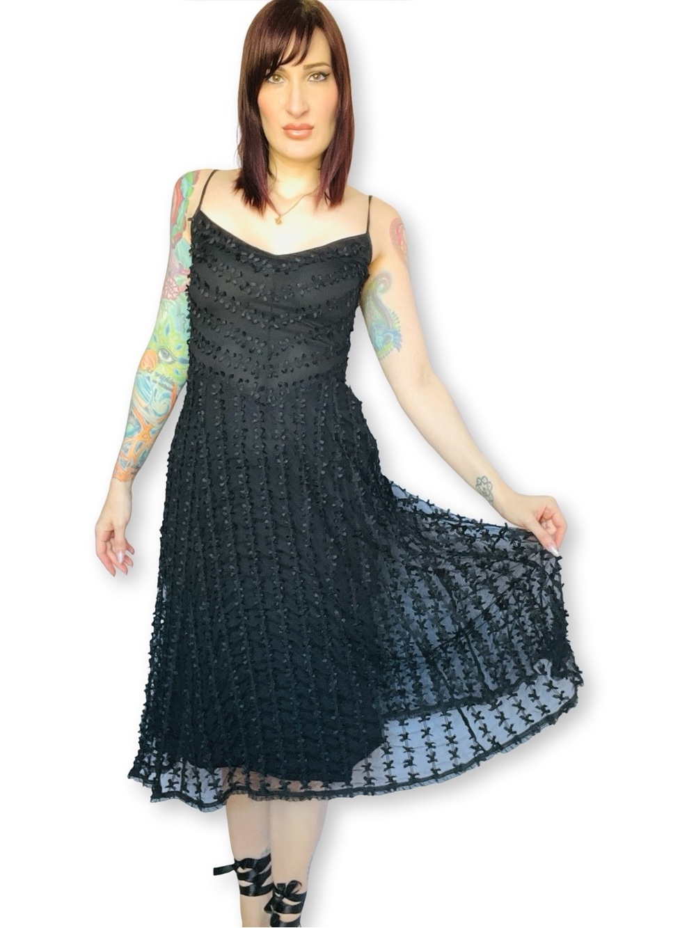 Vintage BETSEY JOHNSON Y2K 90s Dark Coquette Black Mesh & Mini Bow Dress